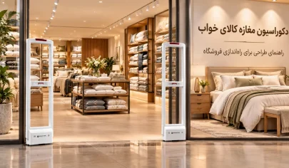 دکوراسیون مغازه کالای خواب با چیدمان و گیت فروشگاهی